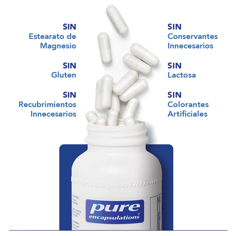 Los complementos alimenticios Pure Encapsulations no contienen estearato de magnesio, gluten, lactosa, colorantes artificiales y conservantes o recubrimientos innecesarios.